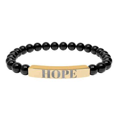 Black beaded hope engraved natural stone stretch bracelet with gold-toned rectangular bar engraving hope