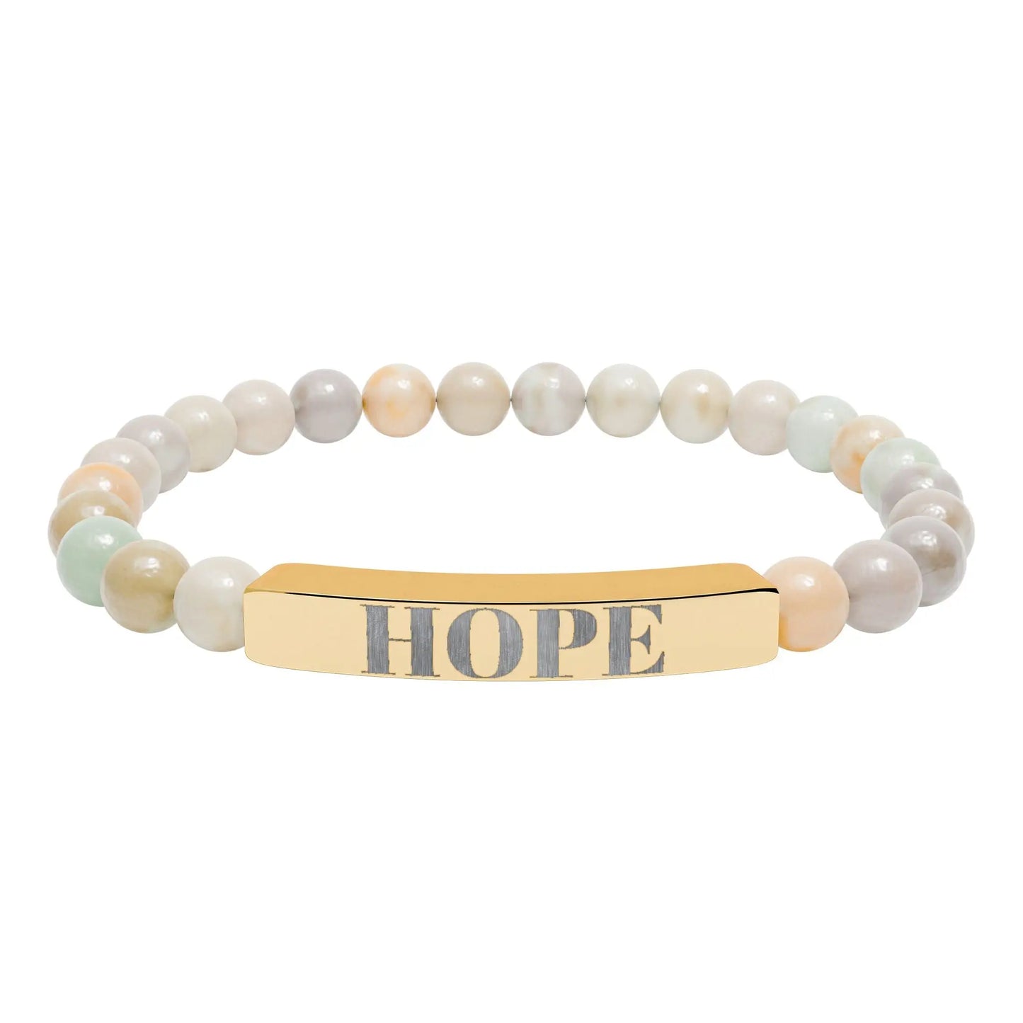 Gold-toned hope engraved natural stone stretch bracelet with pastel round beads and beaded bar design