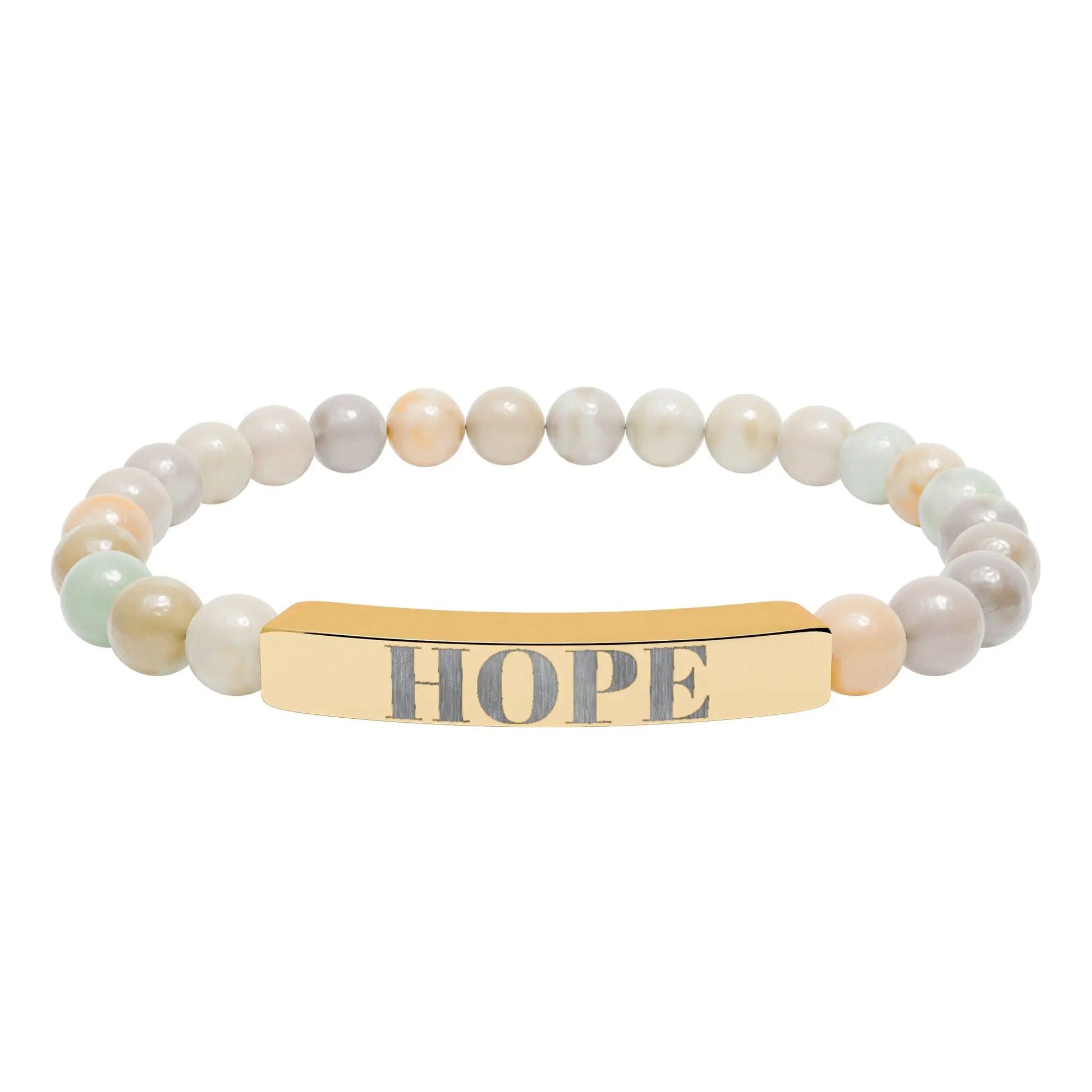 Gold-toned hope engraved natural stone stretch bracelet with pastel round beads and beaded bar design