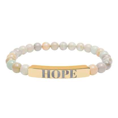 Gold-toned hope engraved natural stone stretch bracelet with pastel round beads and beaded bar design