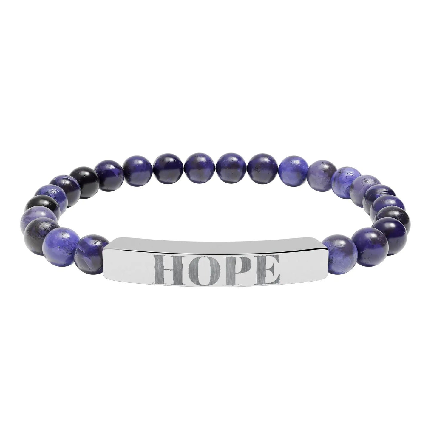A sleek silver bar hope engraved natural stone stretch bracelet with deep purple and black beaded accents