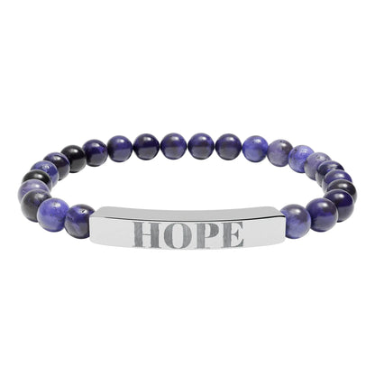 A sleek silver bar hope engraved natural stone stretch bracelet with deep purple and black beaded accents
