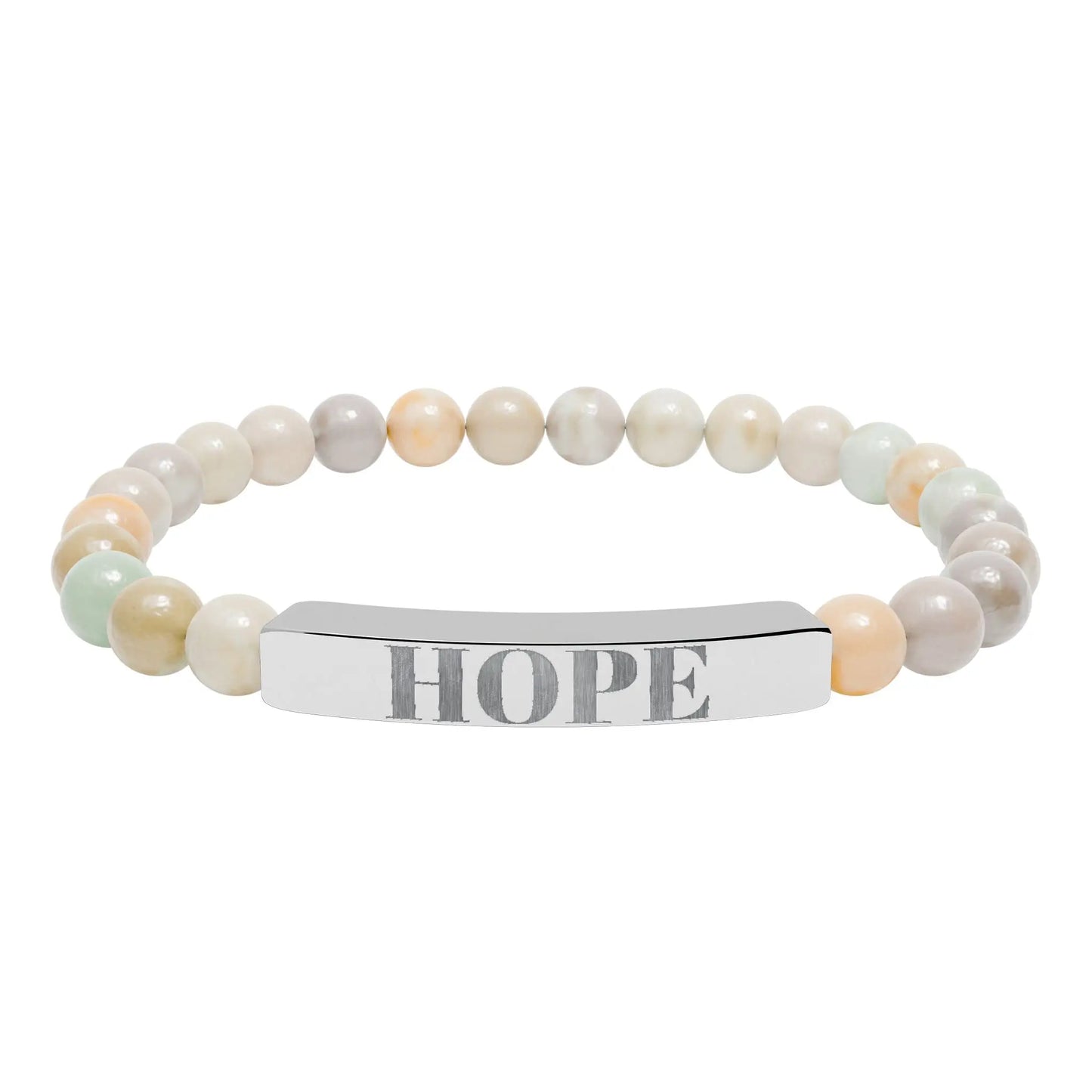 Hope engraved natural stone stretch bracelet with pastel cream peach and mint beads and a silver engraved bar