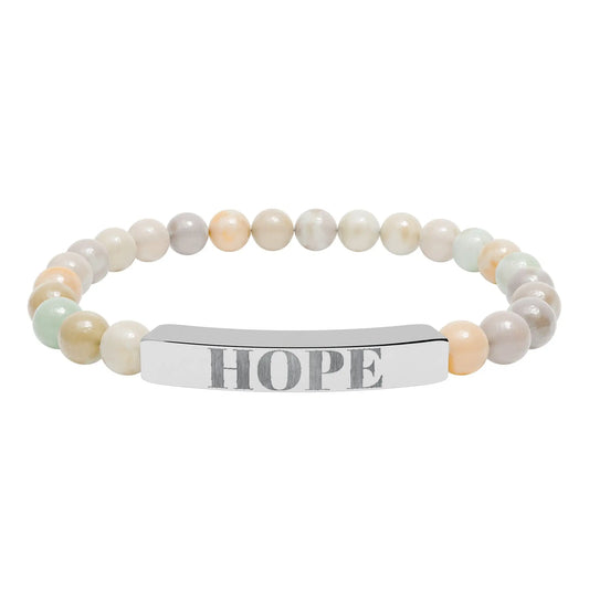 Hope engraved natural stone stretch bracelet with pastel cream peach and mint beads and a silver engraved bar