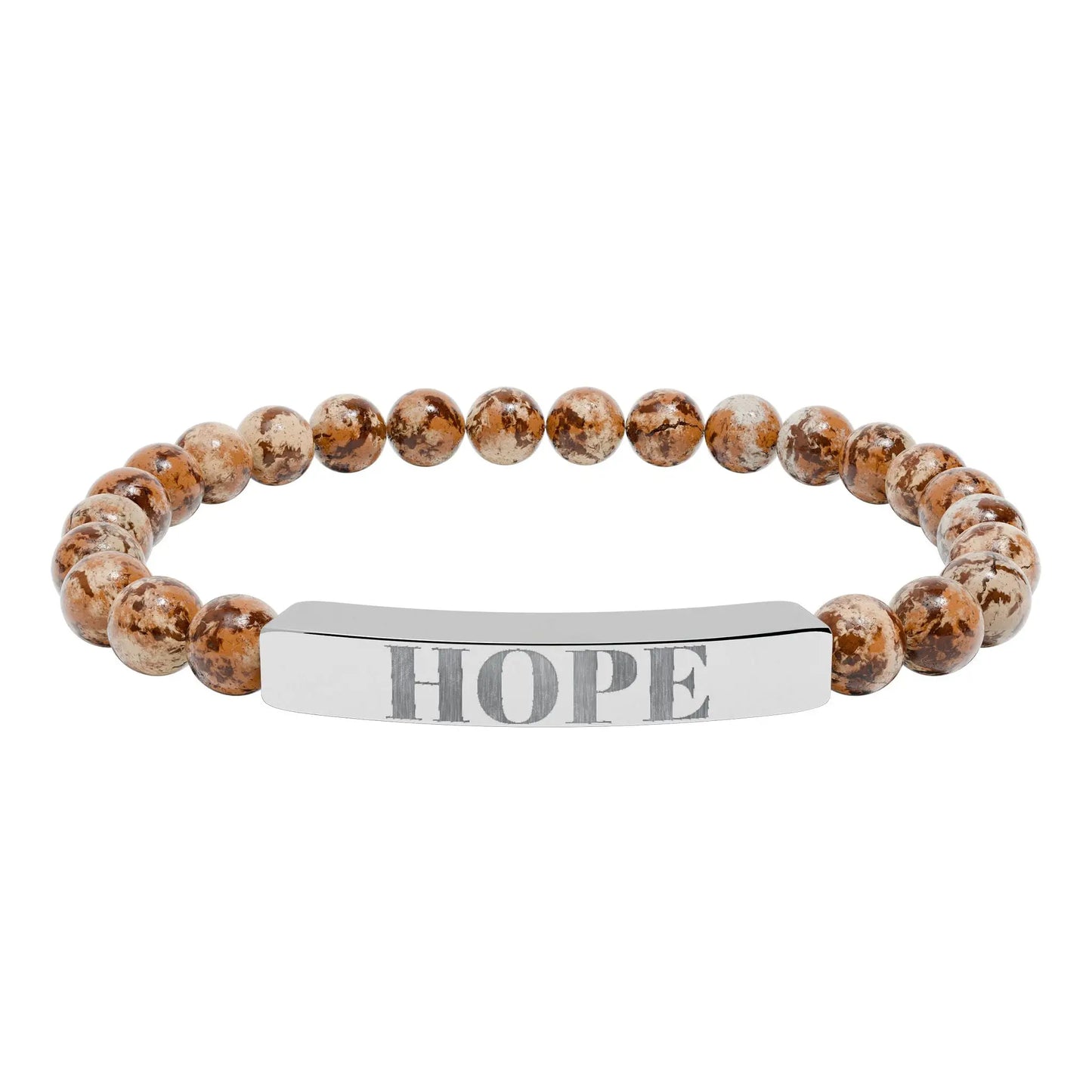 Silver-toned hope engraved natural stone stretch bracelet with rectangular bar and earthy brown patterned beads