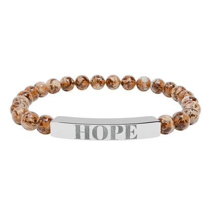 Silver-toned hope engraved natural stone stretch bracelet with rectangular bar and earthy brown patterned beads