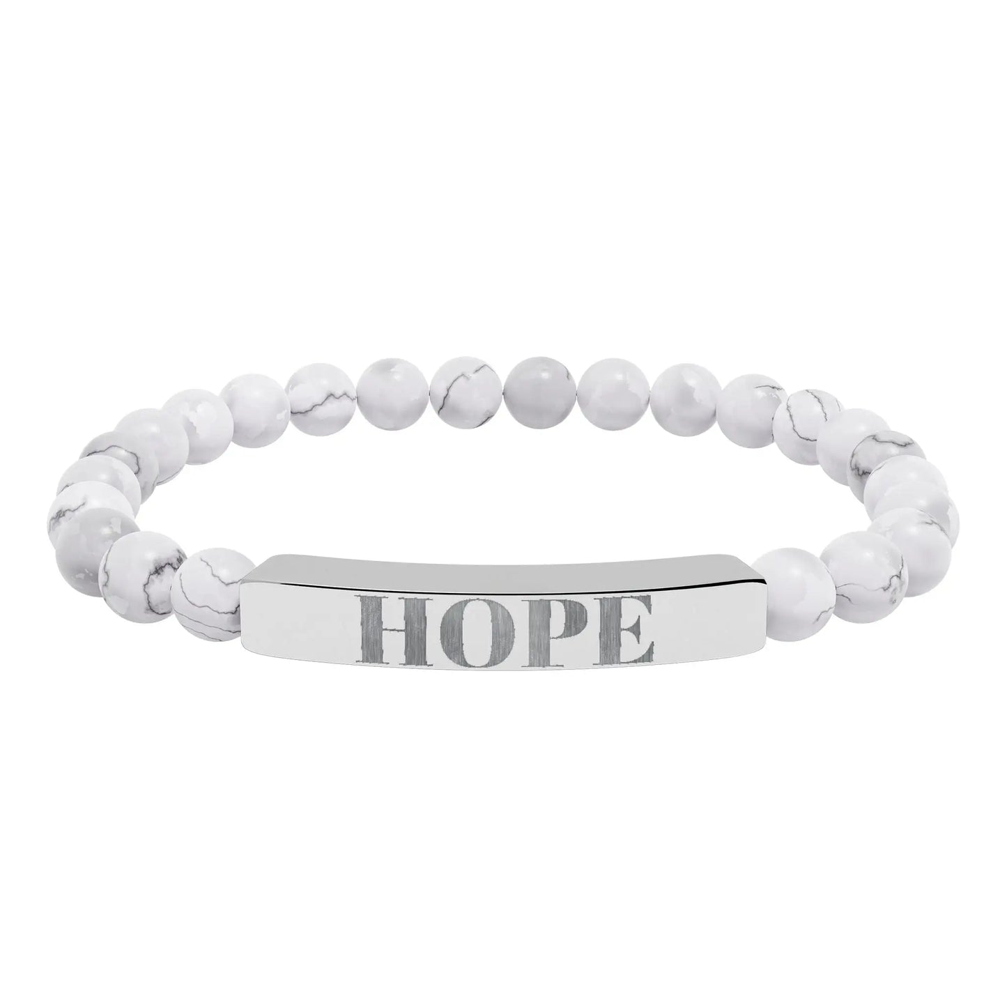 Silver-toned hope engraved natural stone stretch bracelet with white marbled beads and rectangular bar centerpiece