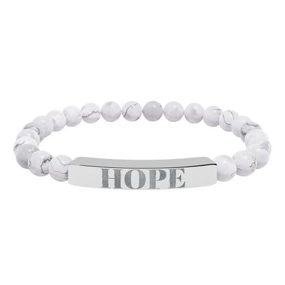 Silver-toned hope engraved natural stone stretch bracelet with white marbled beads and rectangular bar centerpiece
