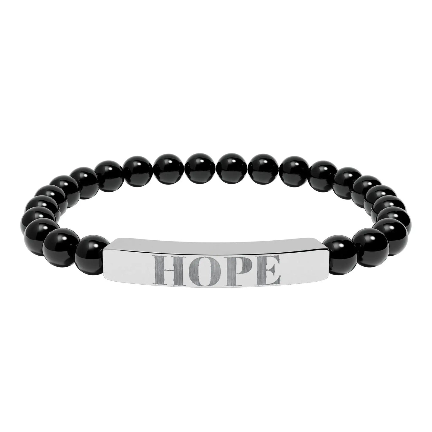 Black beaded natural stone stretch bracelet with silver-toned hope engraved natural bar centerpiece
