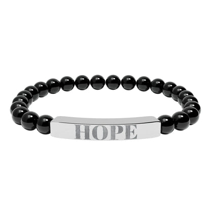 Black beaded natural stone stretch bracelet with silver-toned hope engraved natural bar centerpiece