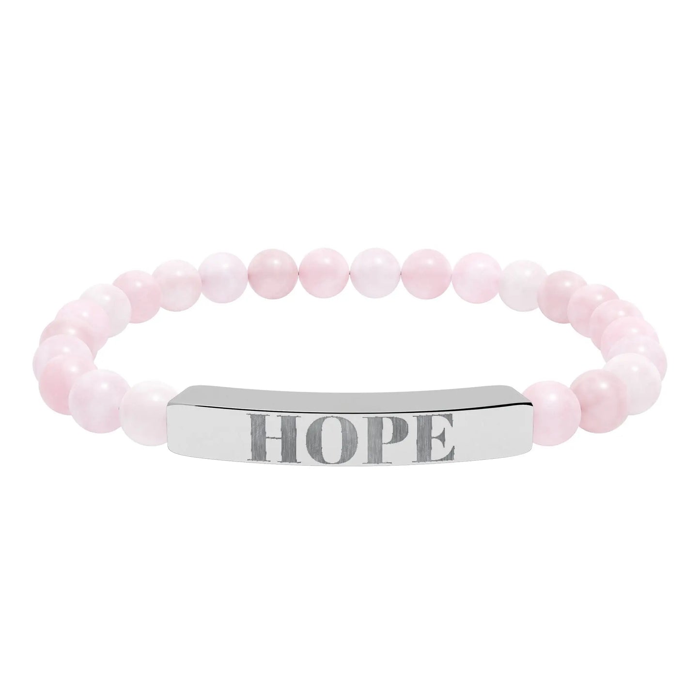 Hope engraved natural stone stretch bracelet with delicate pink rose quartz beads and a silver-toned bar