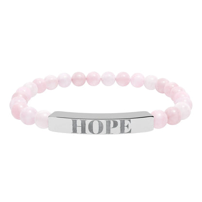 Hope engraved natural stone stretch bracelet with delicate pink rose quartz beads and a silver-toned bar