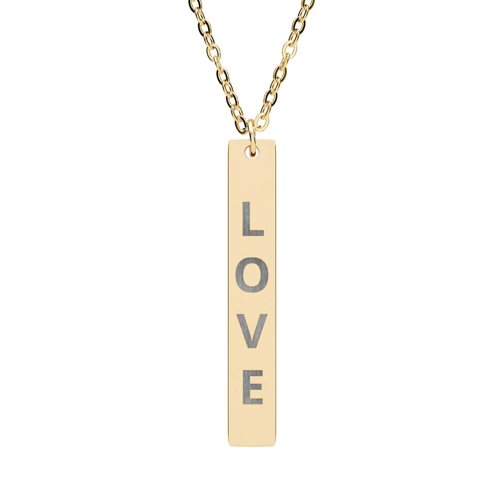 Gold-colored love vertical bar necklace with engraved love text in dark contrasting font on rectangular pendant