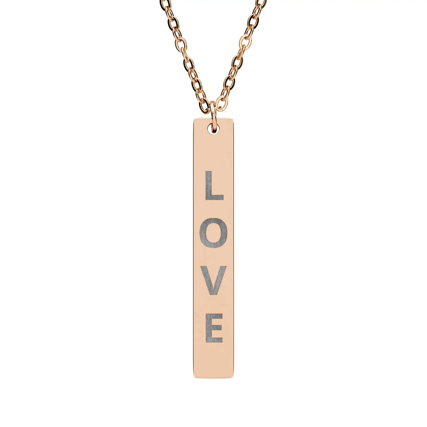 Rose gold love vertical bar necklace with engraved pendant in sleek modern font for everyday wear