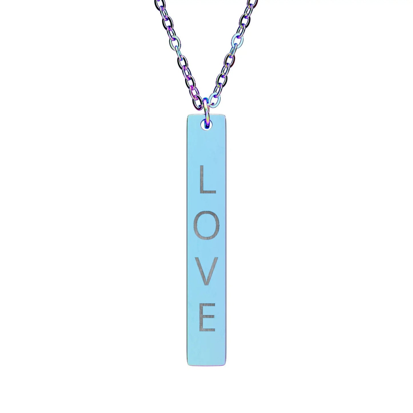 A light blue love vertical bar necklace with silver engraved love lettering on a rectangular pendant and matching chain