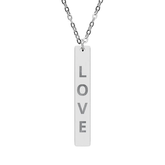 Silver rectangular love vertical bar necklace with vertical bar necklace engraved in a modern font