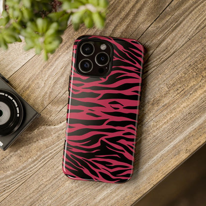 Magenta wild tiger pattern print phone case with vibrant pink and black glossy zebra stripes for iphone 13 pro back view