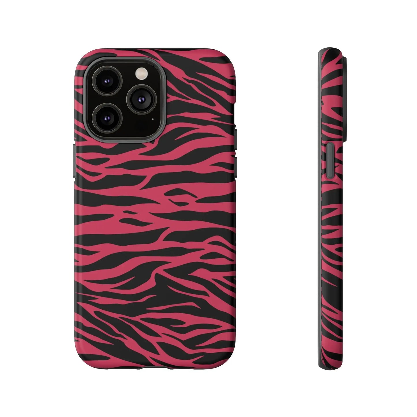 Magenta wild tiger pattern print phone case with vibrant pink and black zebra stripes and sleek protective design back view