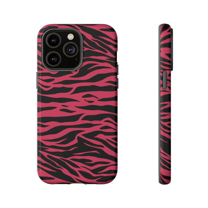 Magenta wild tiger pattern print phone case with vibrant pink and black zebra stripes and sleek protective design back view