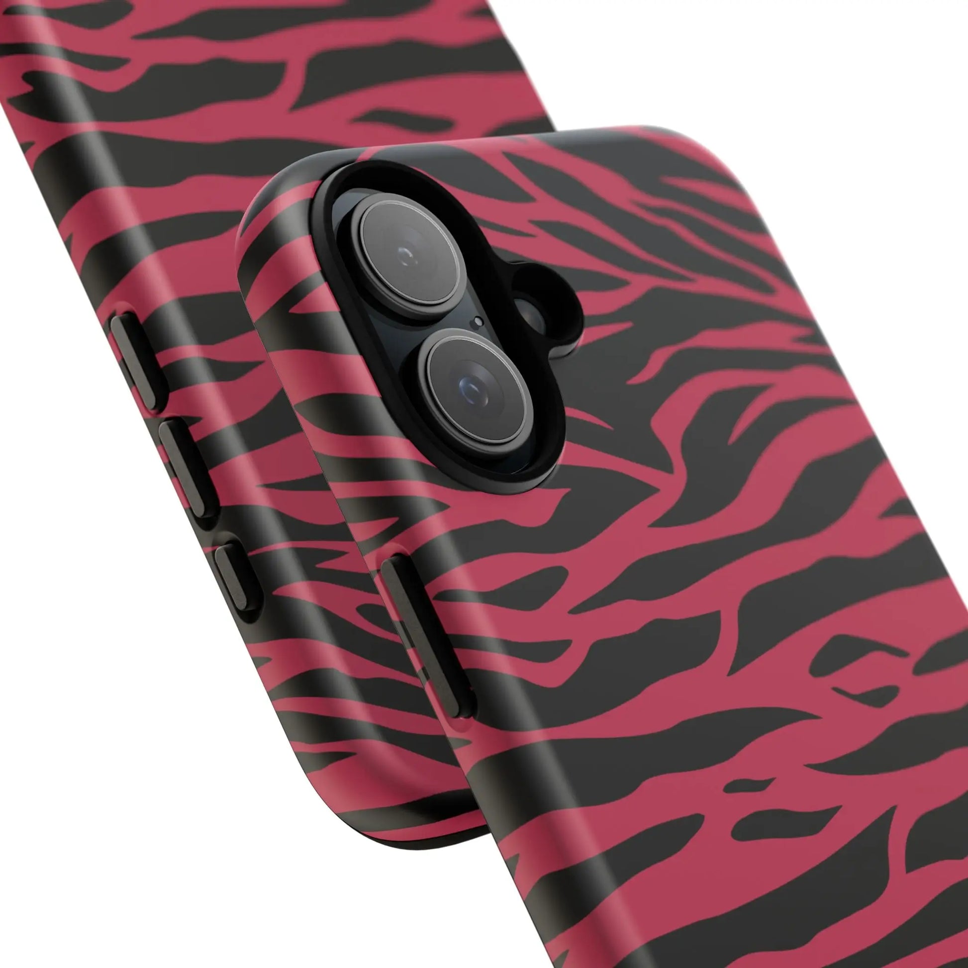 Magenta wild tiger pattern print phone case with glossy finish showing the back side in pink and black zebra print