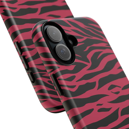 Magenta wild tiger pattern print phone case with glossy finish showing the back side in pink and black zebra print