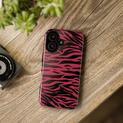 Back side of a glossy magenta wild tiger pattern print phone case with vibrant pink and black zebra-striped design for dual cameras