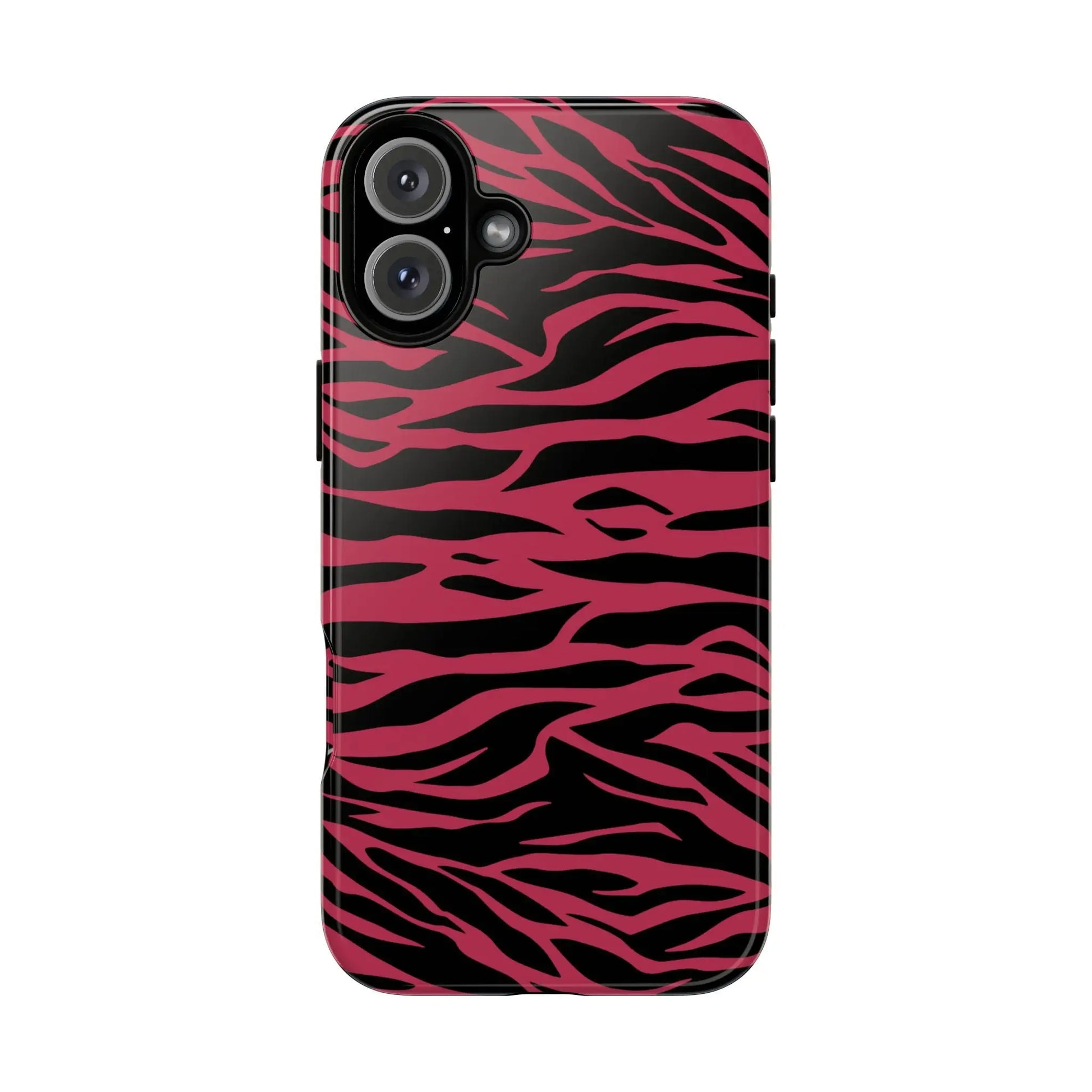 Magenta wild tiger pattern print phone case with vibrant pink and black zebra stripes and glossy finish shown from the back side