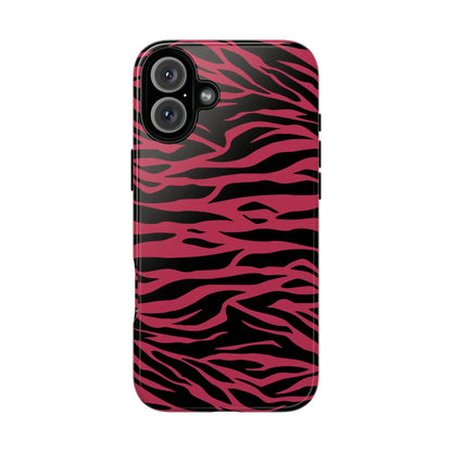 Magenta wild tiger pattern print phone case with vibrant pink and black zebra stripes and glossy finish shown from the back side