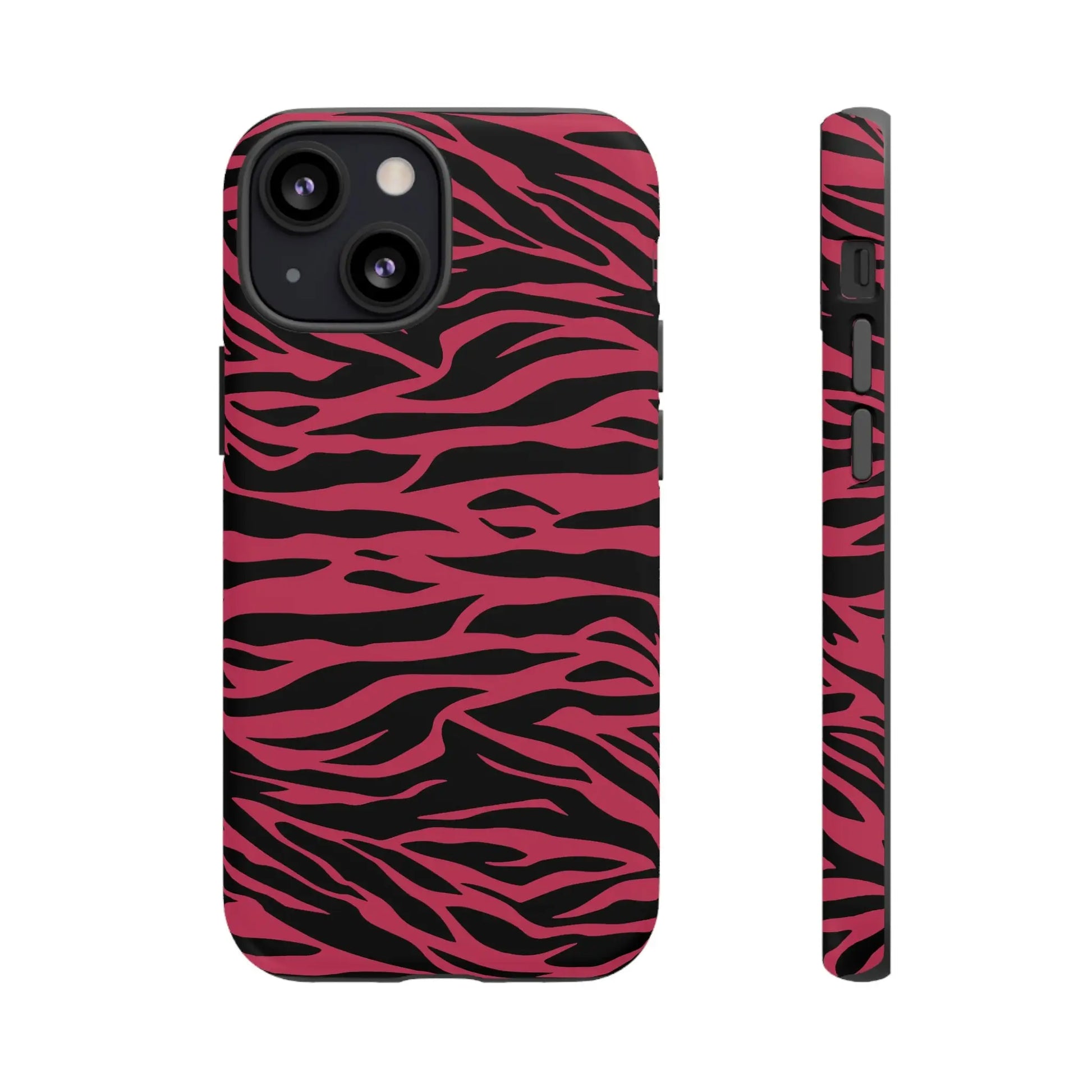 Magenta wild tiger phone case with pink and black wild tiger pattern print shown from the back side
