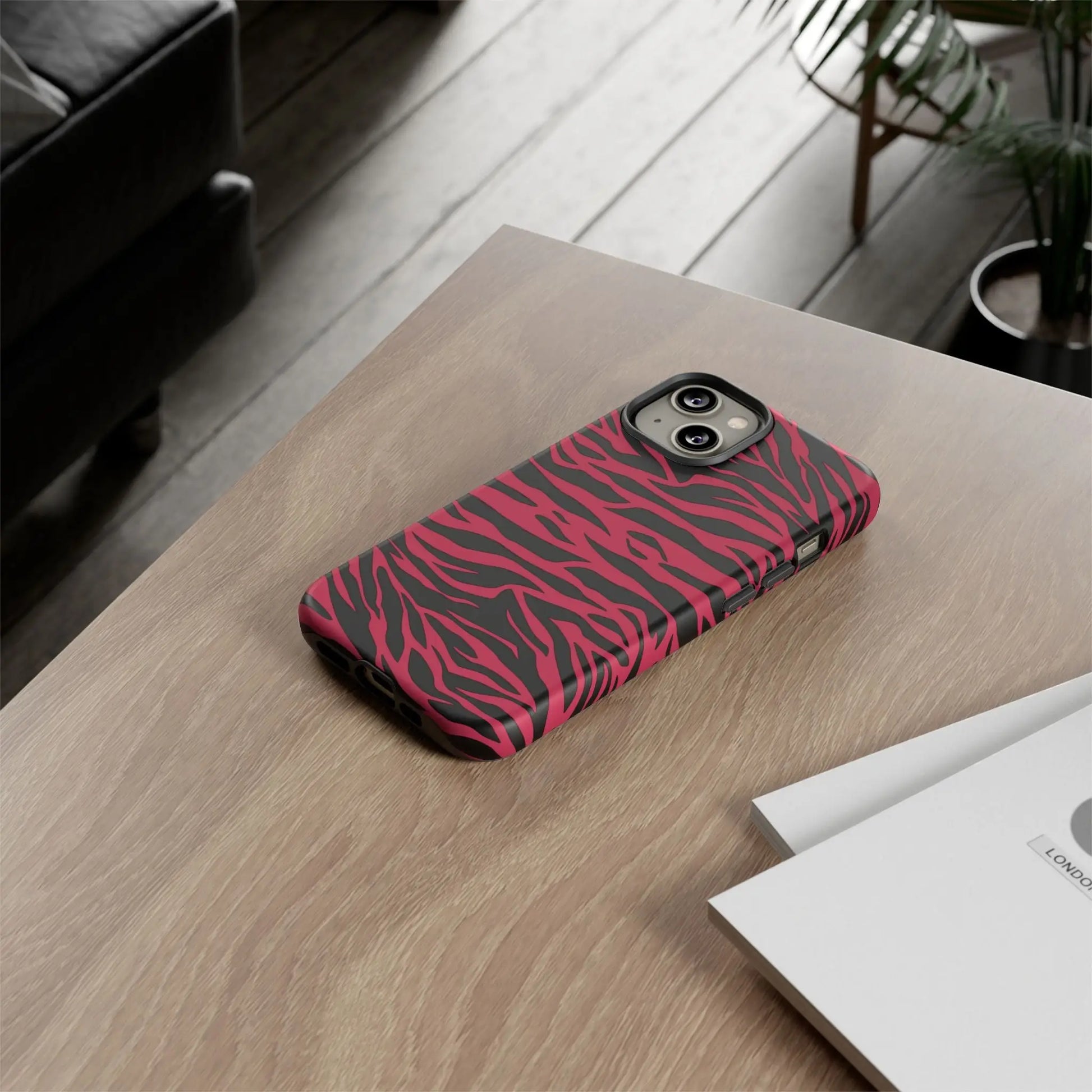 Magenta wild tiger pattern print phone case with vibrant pink and black zebra stripes and sleek protective back design