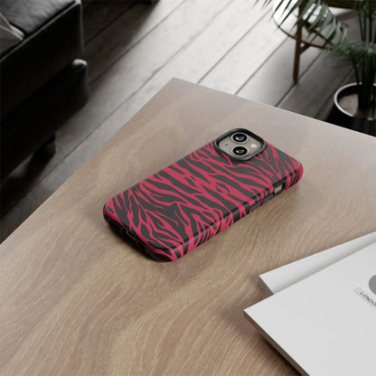 Magenta wild tiger pattern print phone case with vibrant pink and black zebra stripes and sleek protective back design