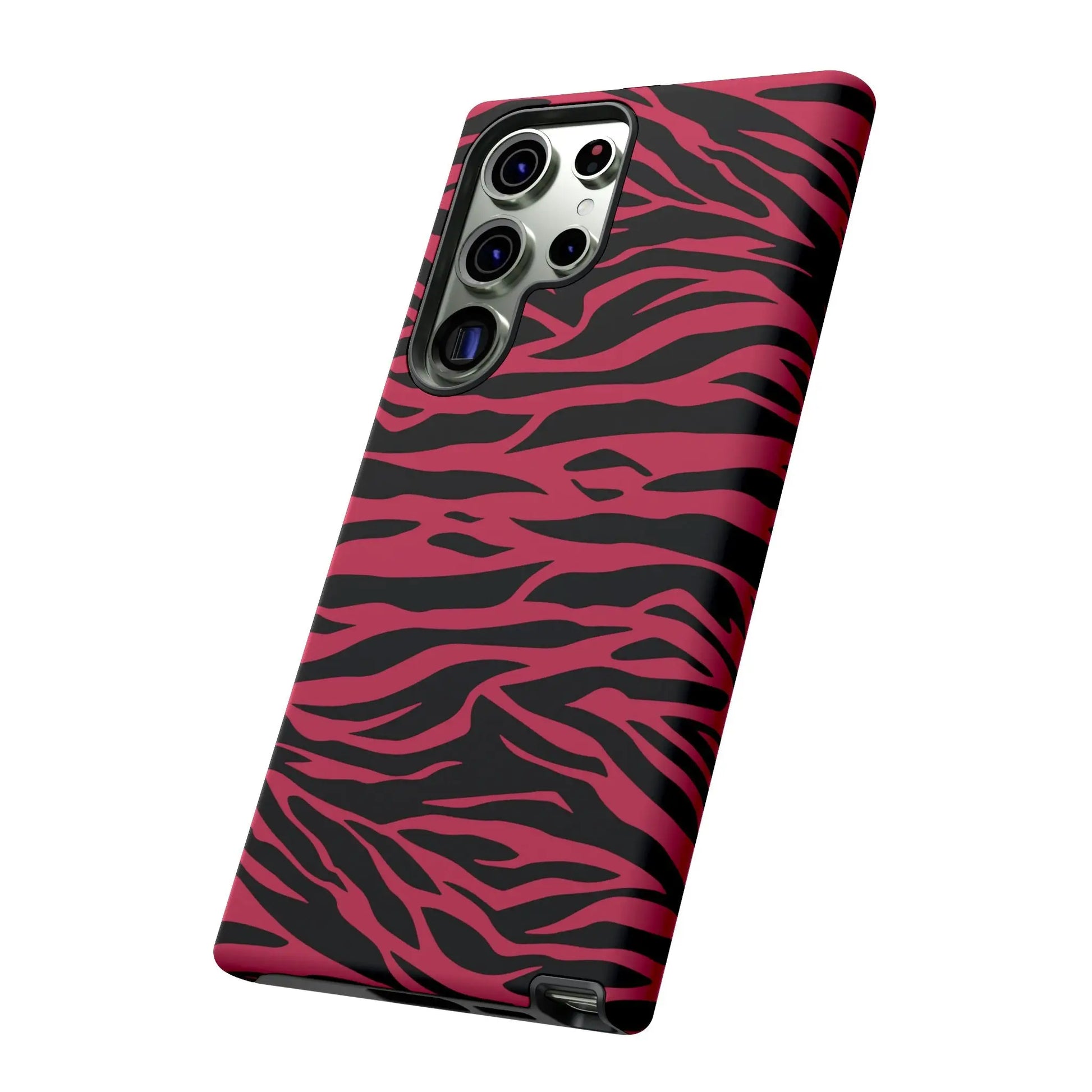 Back side of a magenta wild tiger pattern print phone case with vibrant pink and black zebra stripes for samsung galaxy s23 ultra