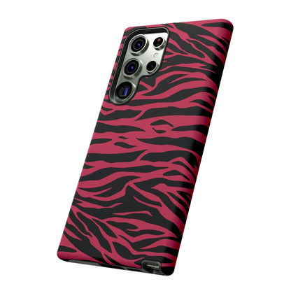 Back side of a magenta wild tiger pattern print phone case with vibrant pink and black zebra stripes for samsung galaxy s23 ultra