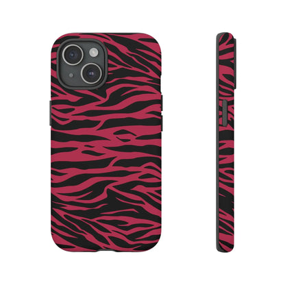 Magenta wild tiger phone case with vibrant pink and black wild tiger pattern print and sleek protective design back side view