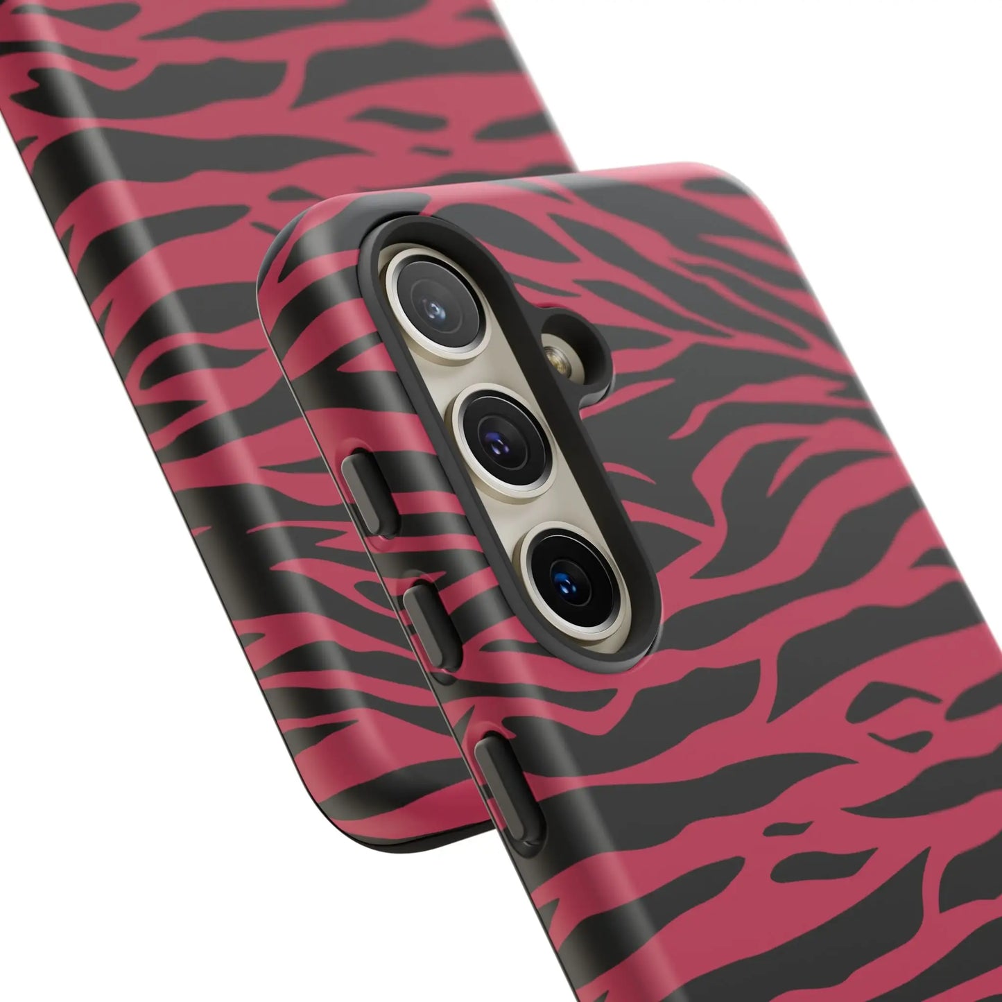 Magenta wild tiger pattern print phone case with vibrant pink and black zebra stripes and a glossy finish back view