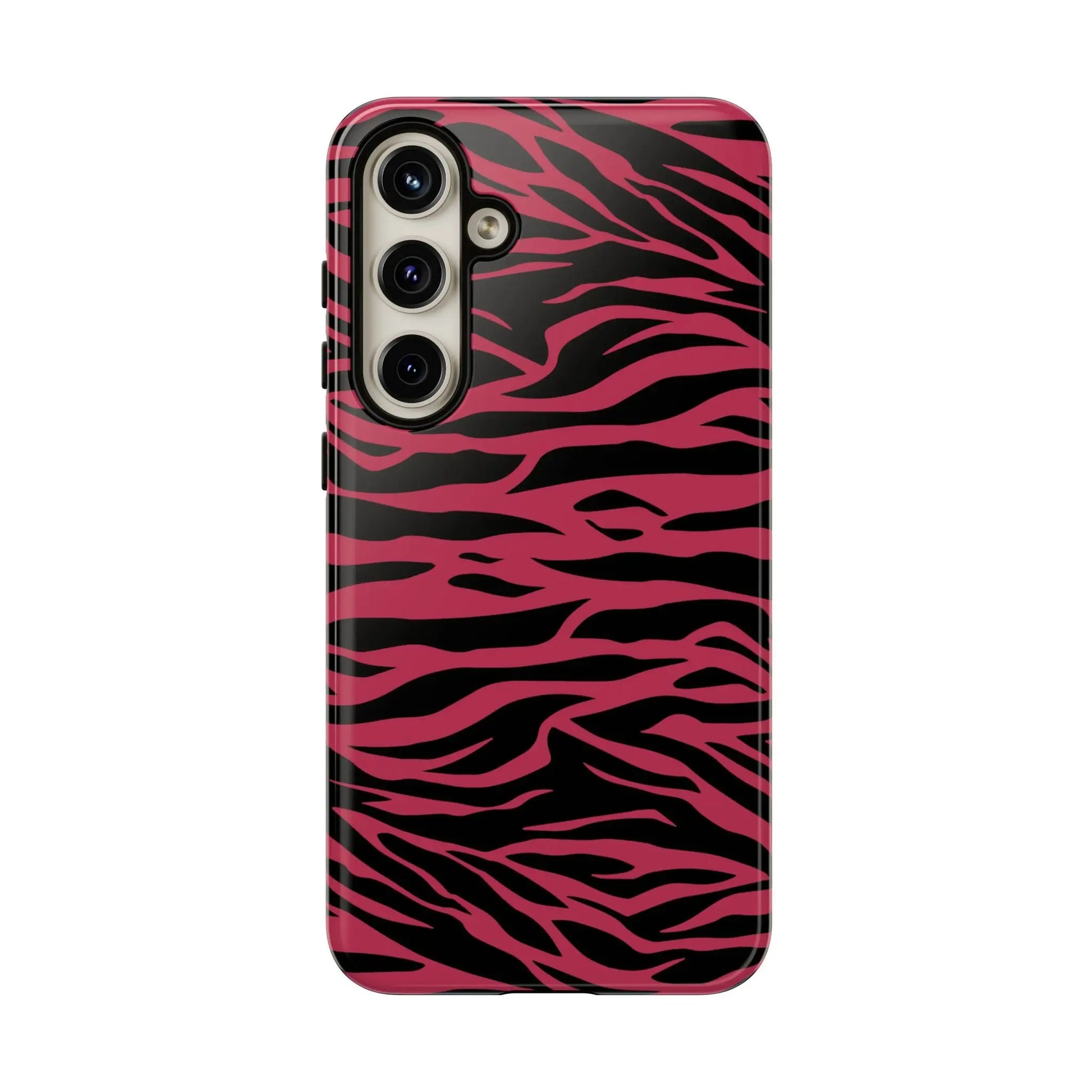 Vibrant magenta wild tiger pattern print phone case with glossy finish for samsung galaxy s23 series, back side view