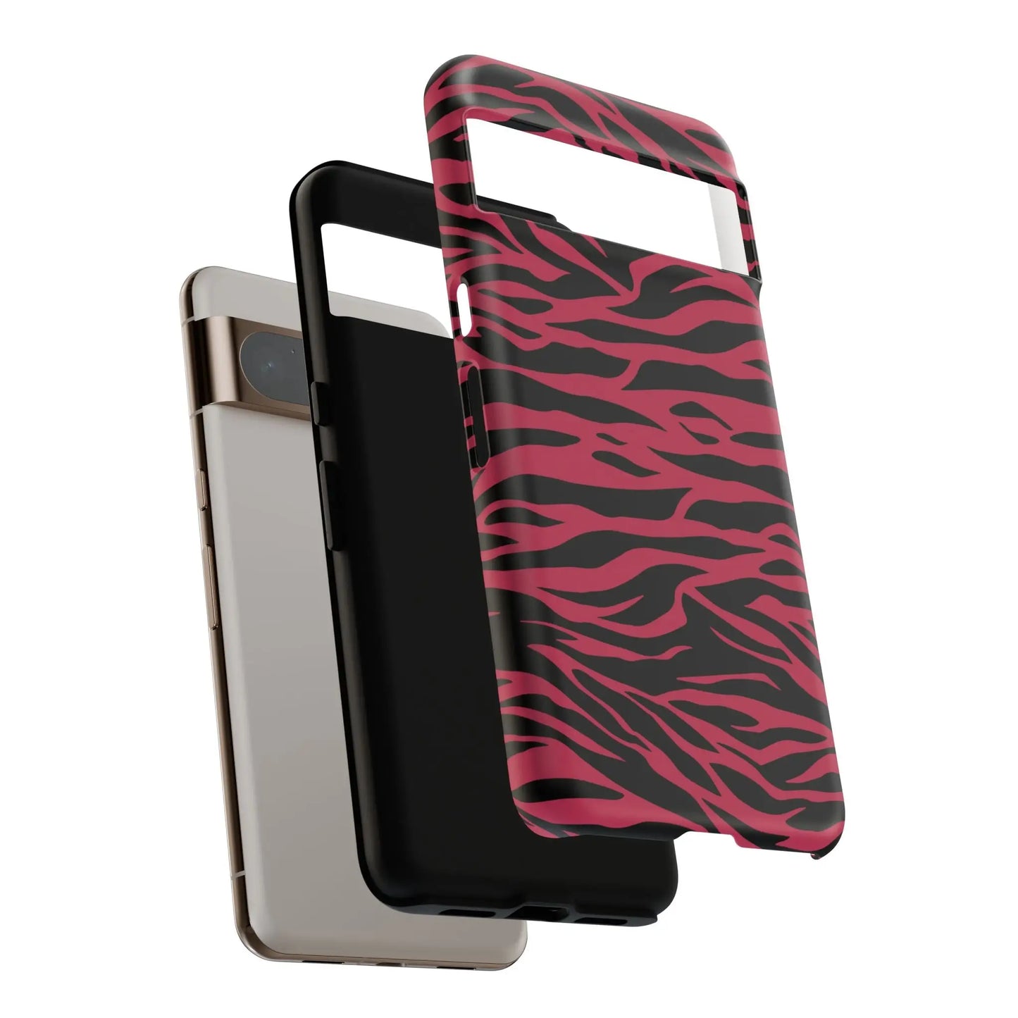 Magenta wild tiger phone case with pink and black wild tiger pattern print and glossy finish shown from the back side