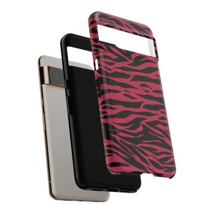 Magenta wild tiger phone case with pink and black wild tiger pattern print and glossy finish shown from the back side