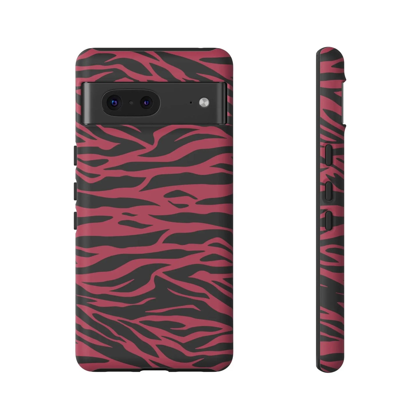 Magenta wild tiger phone case showing pink and black wild tiger pattern print on the back side