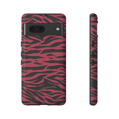Magenta wild tiger phone case showing pink and black wild tiger pattern print on the back side