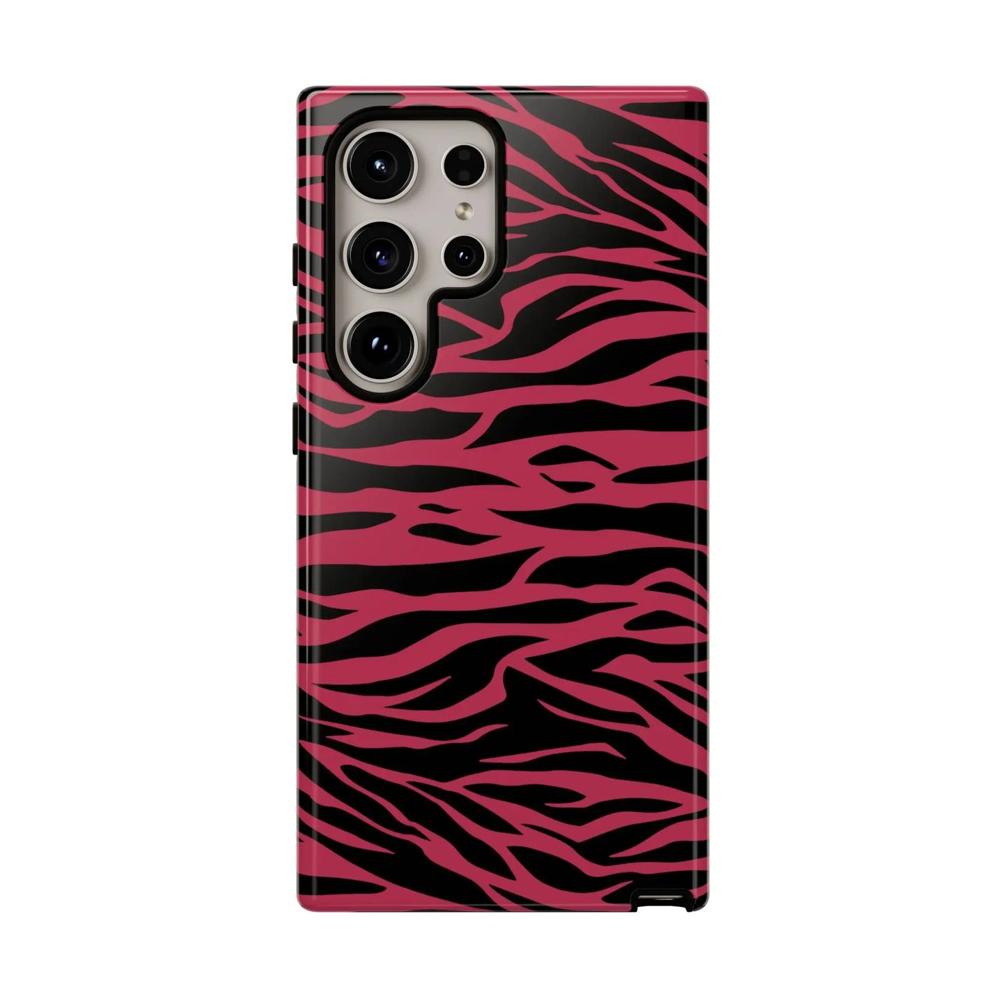 Back of a vibrant magenta wild tiger pattern print phone case with pink and black zebra stripes for Samsung Galaxy S21 Ultra