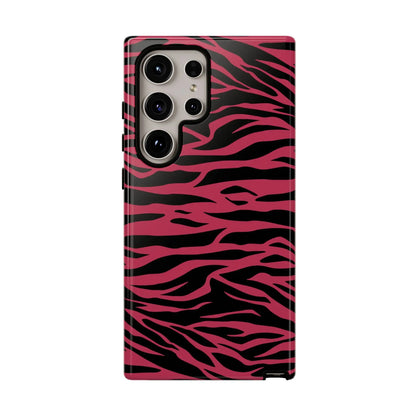 Back of a vibrant magenta wild tiger pattern print phone case with pink and black zebra stripes for Samsung Galaxy S21 Ultra