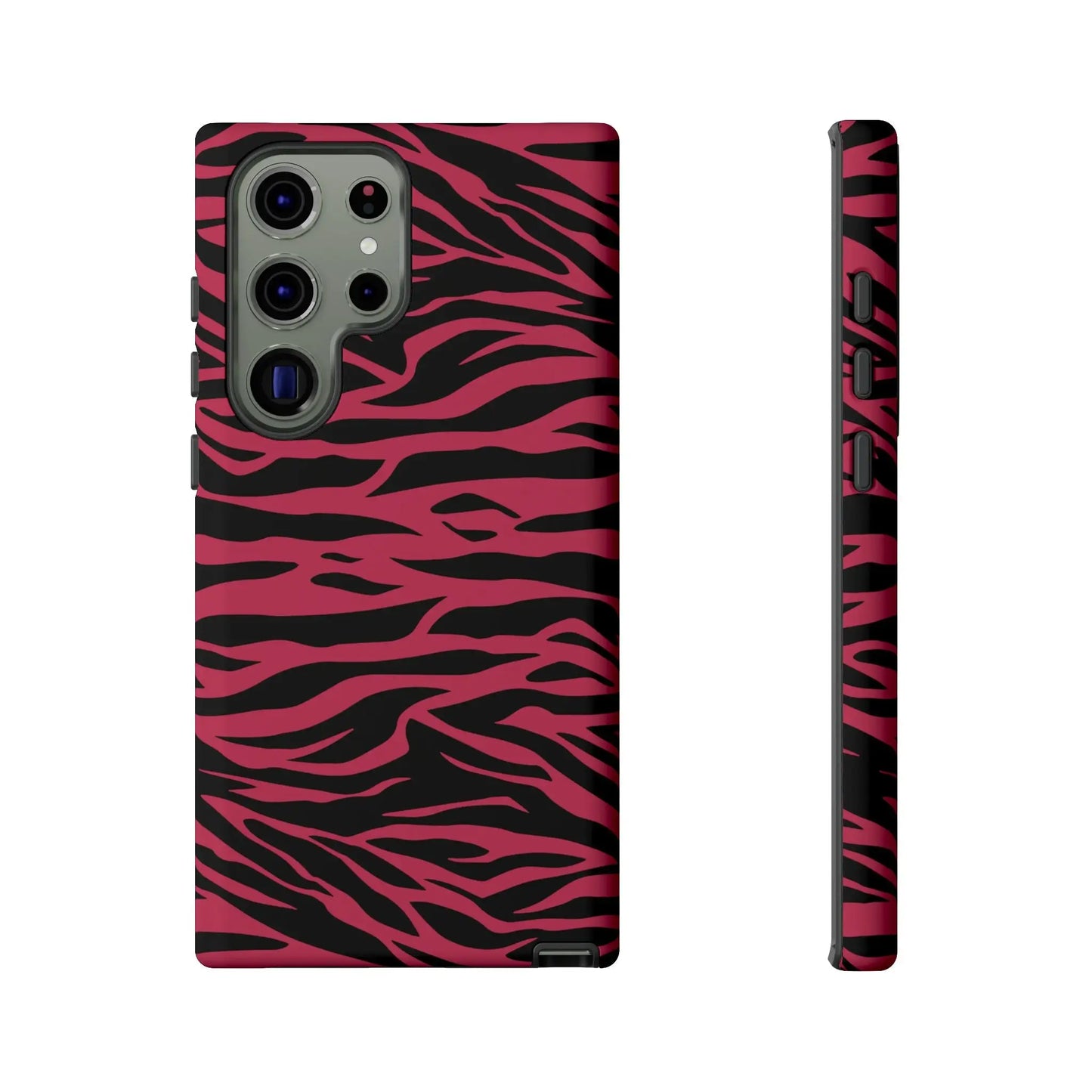 Back of a vibrant magenta wild tiger pattern print phone case for samsung galaxy s23 ultra in pink and black zebra stripes