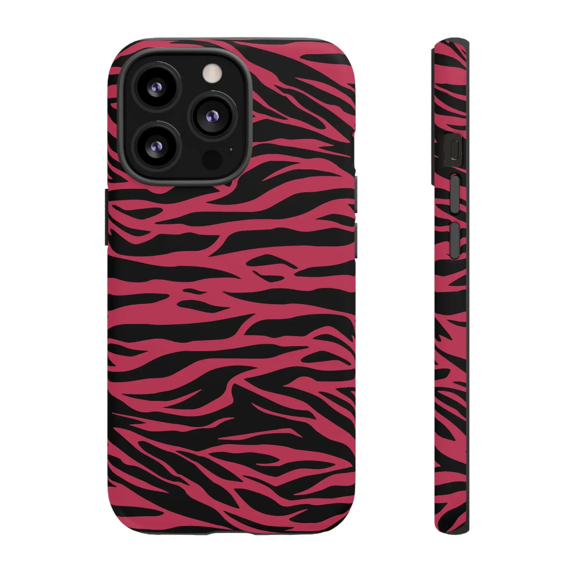 Magenta wild tiger phone case with vibrant pink and black wild tiger pattern print and sleek protective design back view