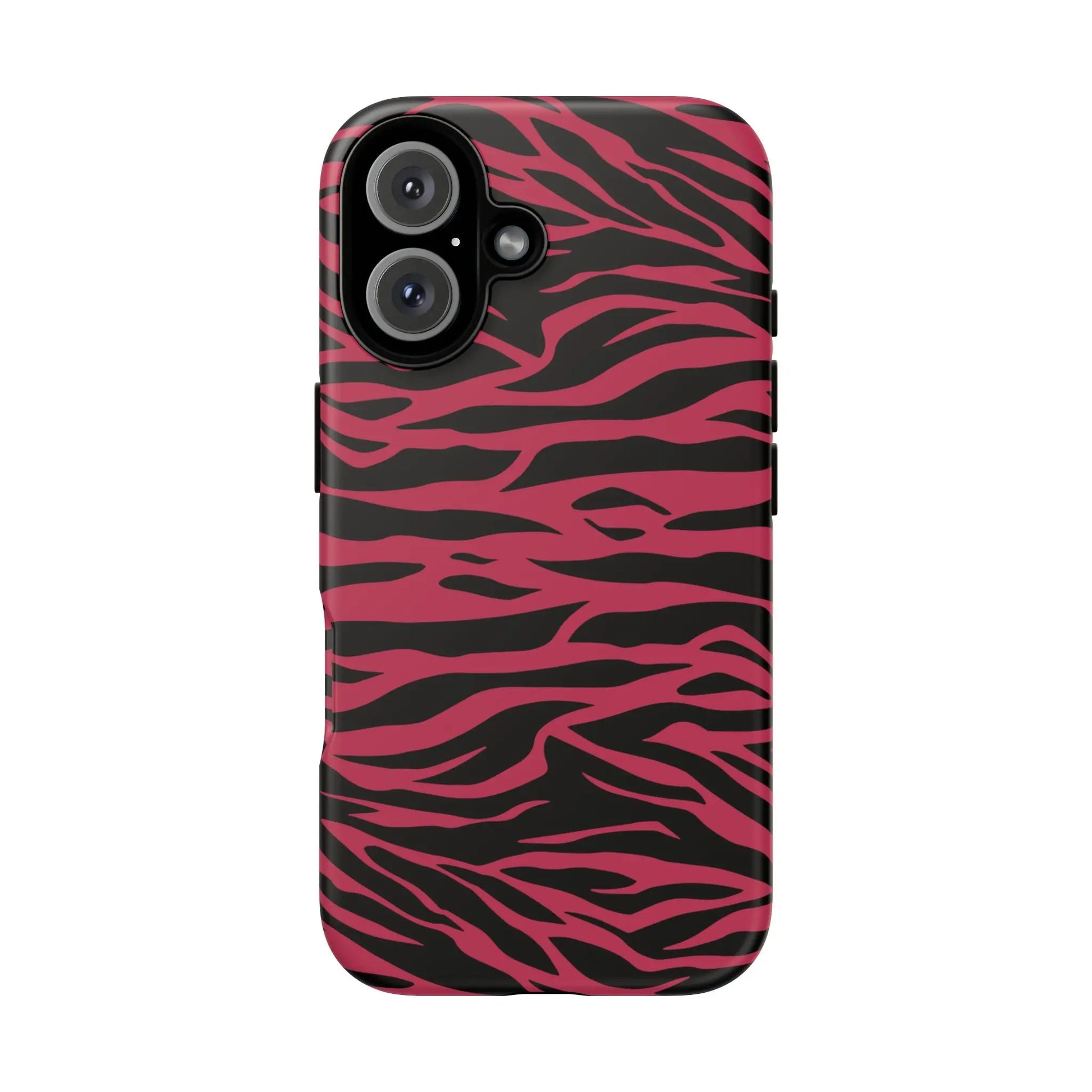 Back side of a sleek protective phone case with vibrant magenta wild tiger pattern print in pink and black zebra stripes
