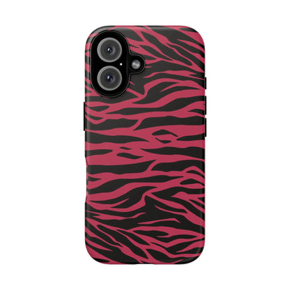 Back side of a sleek protective phone case with vibrant magenta wild tiger pattern print in pink and black zebra stripes
