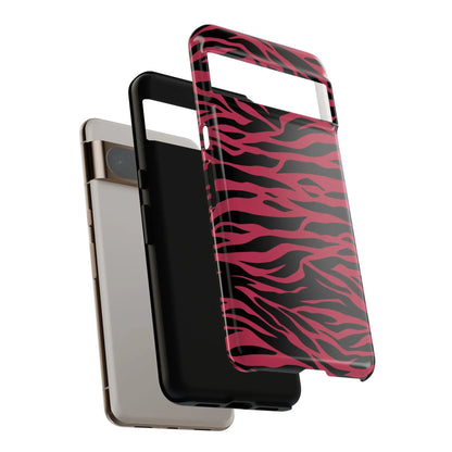 Back of a glossy magenta wild tiger pattern print phone case with pink and black zebra stripes for google pixel