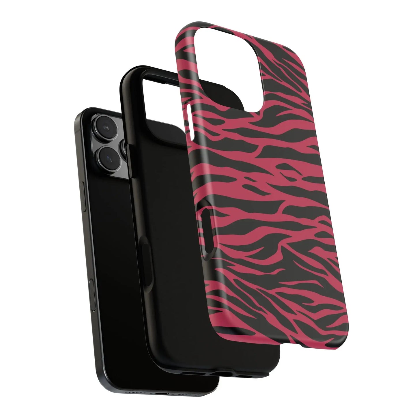Magenta wild tiger phone case featuring a pink and black wild tiger pattern print on the back side