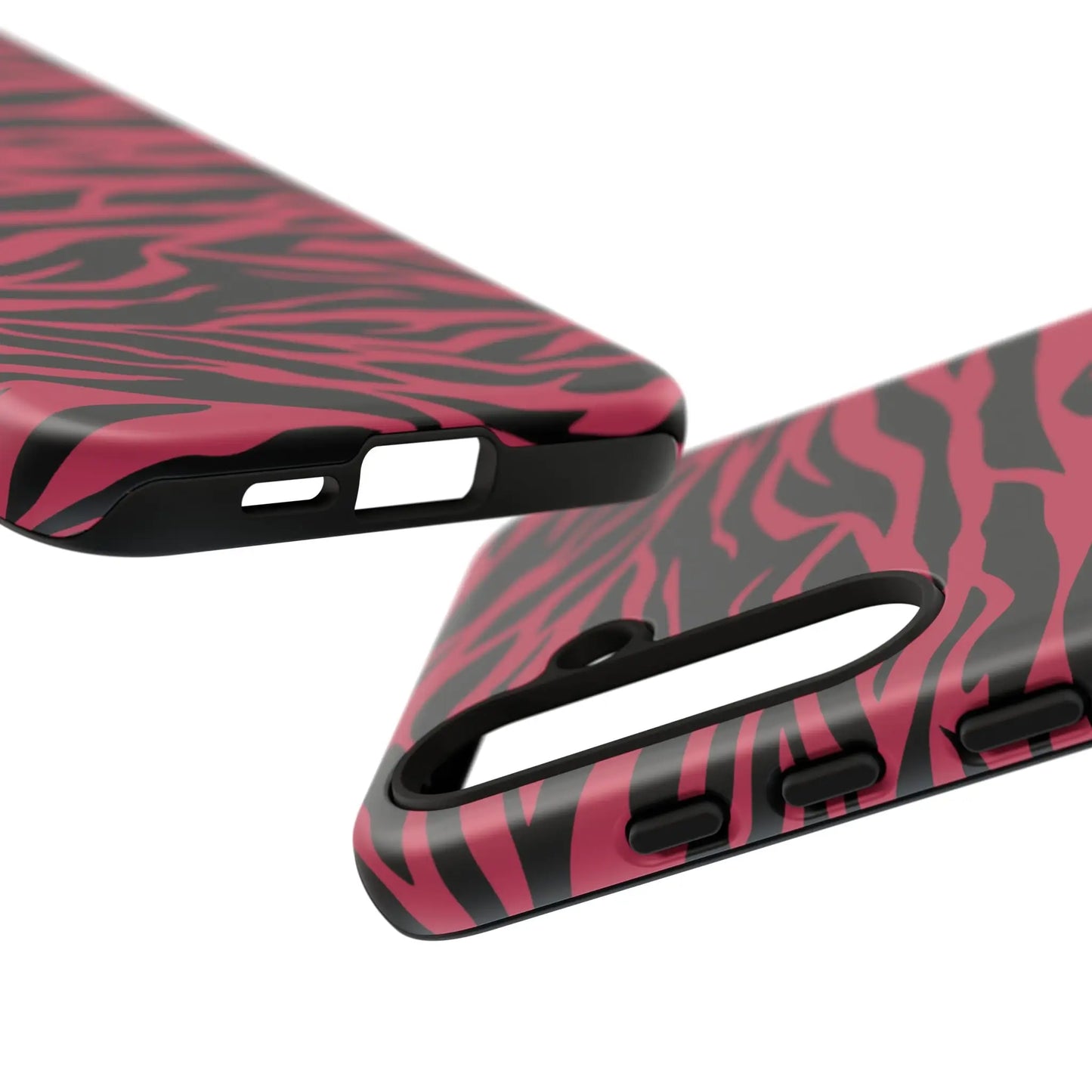 Back side of a magenta wild tiger pattern print phone case with glossy finish in pink and black zebra print design