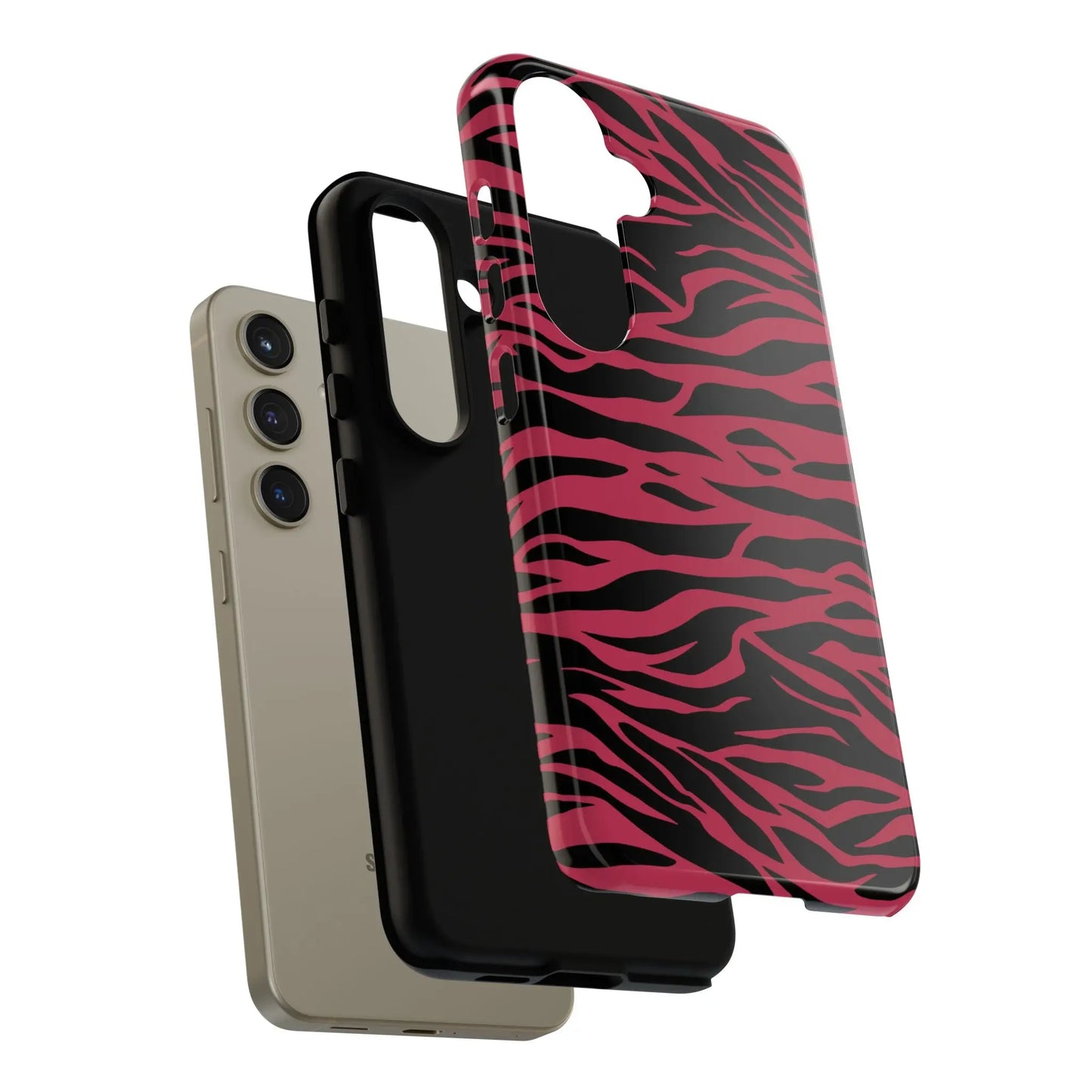 Back of a glossy magenta wild tiger phone case with vibrant pink and black wild tiger pattern print for smartphones